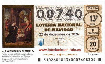 Anverso del d&eacute;cimo 00740 de la Loter&iacute;a de Navidad 2026, de Bail&eacute;n (Ja&eacute;n)